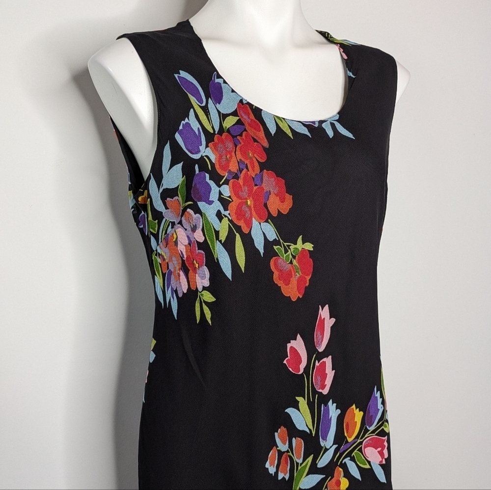 Kaktus Black Red Floral Chiffon Midi Dress M/L
